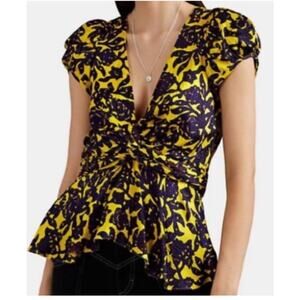 ALC Aya Yellow Purple Printed Jacquard V-Neck Cap Sleeve Top Sz 16 100% Silk